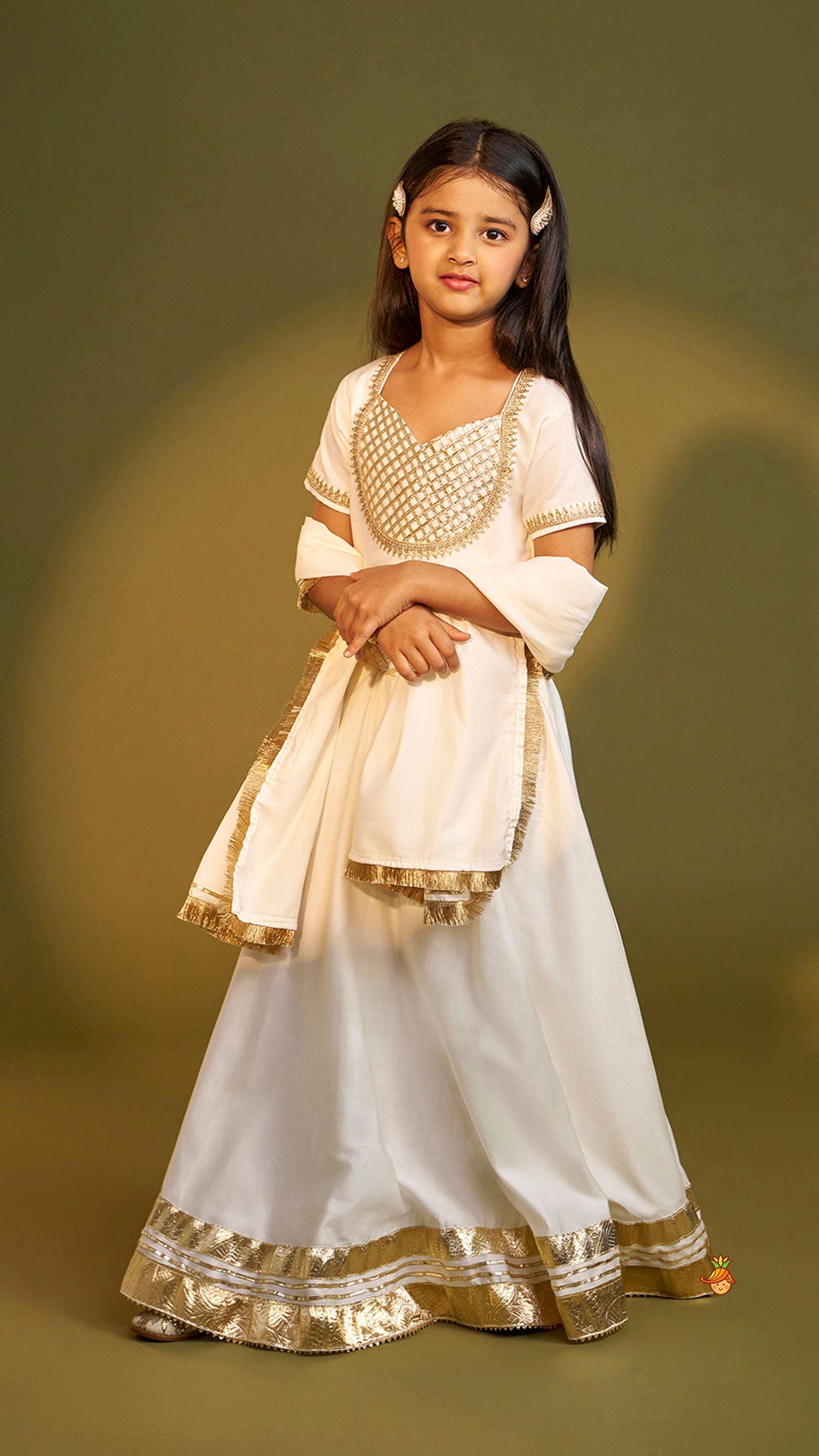 Pre Order: Off White Gota Lace Detailed Top And Lehenga With Dupatta