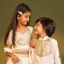 Off White Gota Lace Detailed Top And Lehenga With Dupatta twinning model image 2