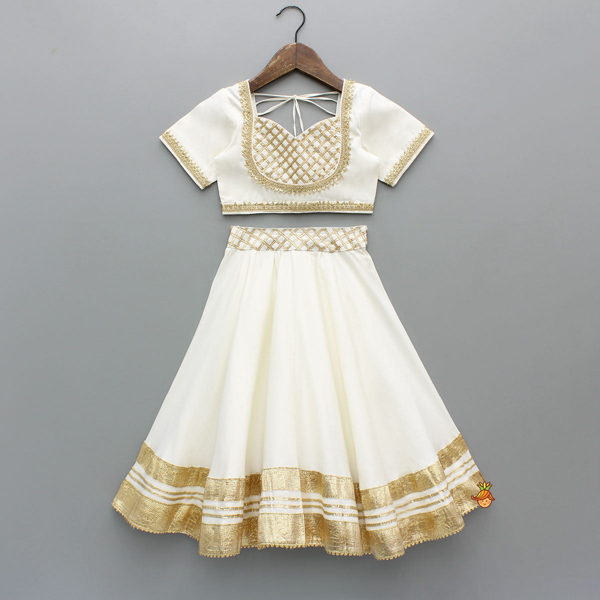 Pre Order: Off White Gota Lace Detailed Top And Lehenga With Dupatta