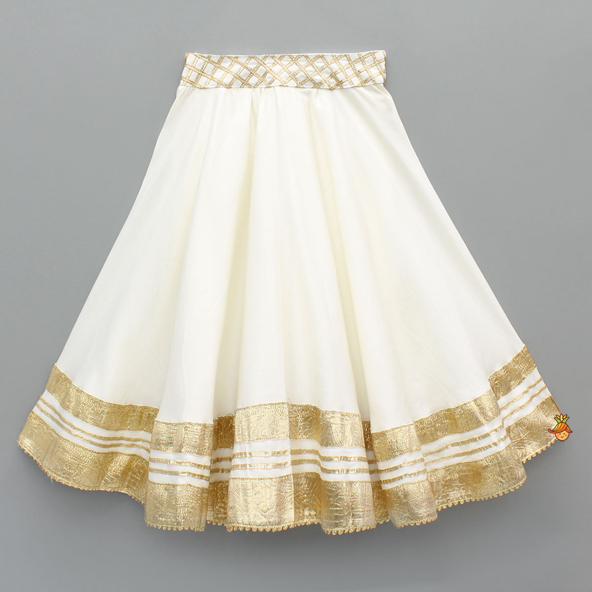 Pre Order: Off White Gota Lace Detailed Top And Lehenga With Dupatta