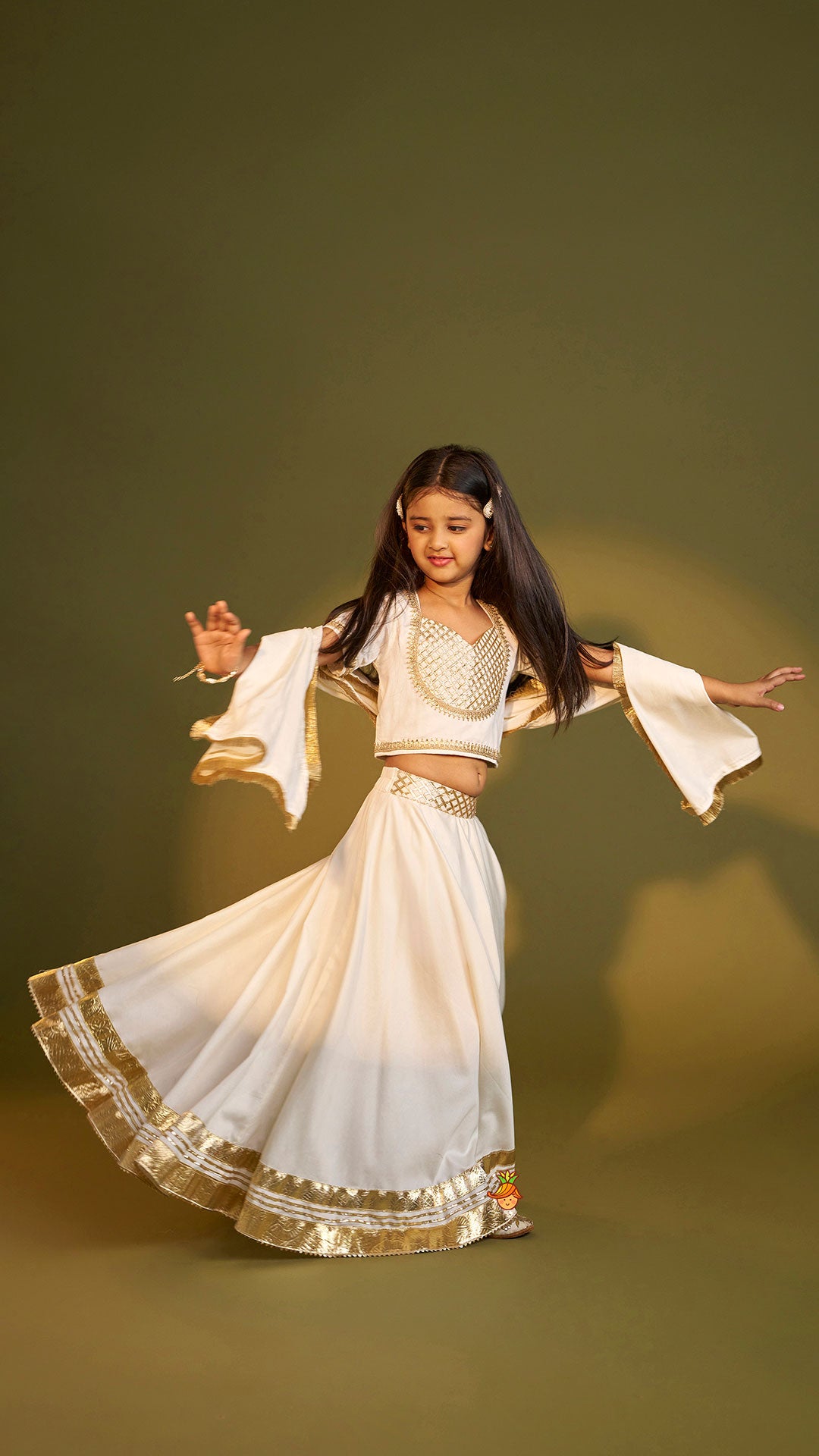 Pre Order: Off White Gota Lace Detailed Top And Lehenga With Dupatta