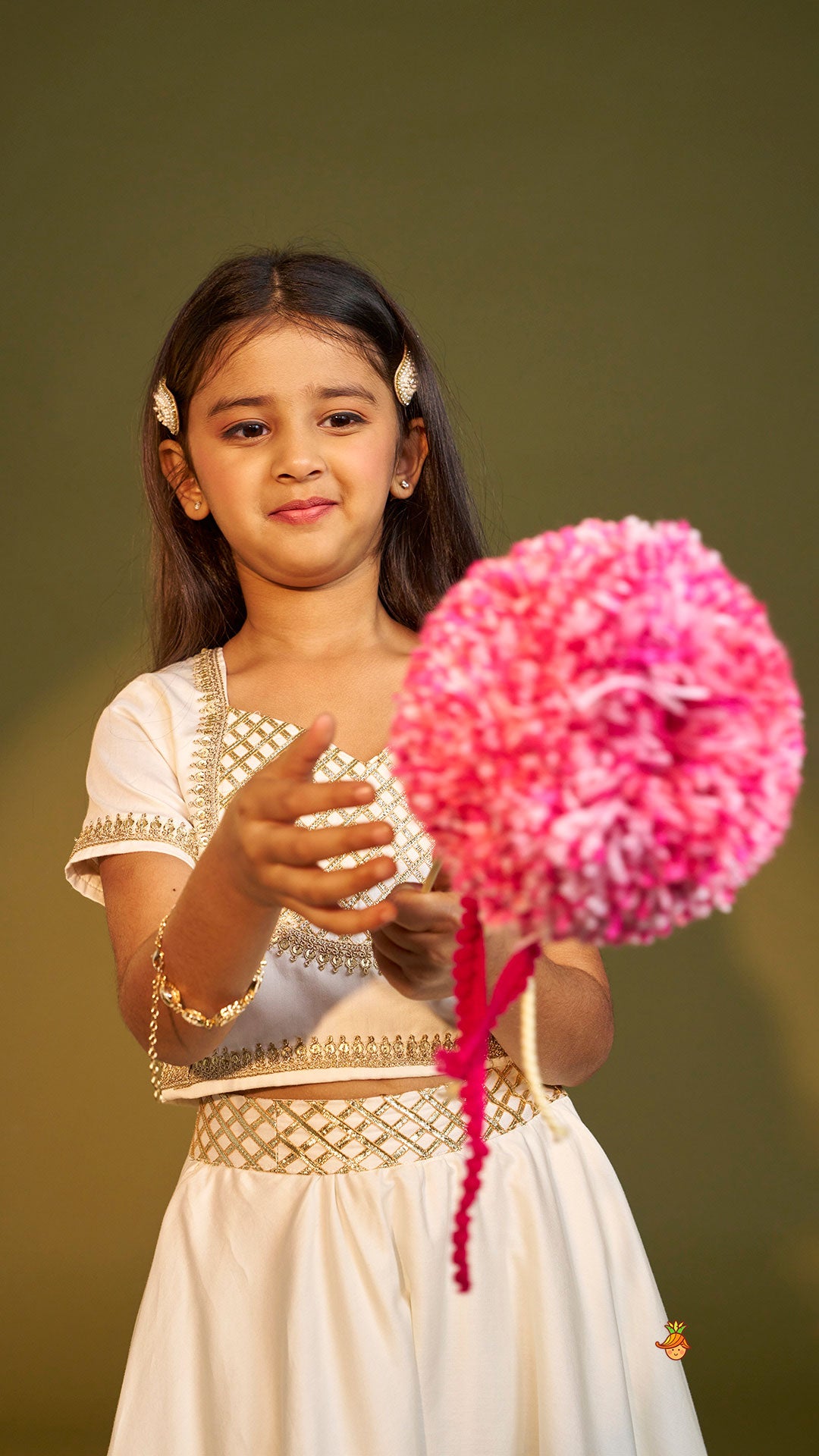 Pre Order: Off White Gota Lace Detailed Top And Lehenga With Dupatta