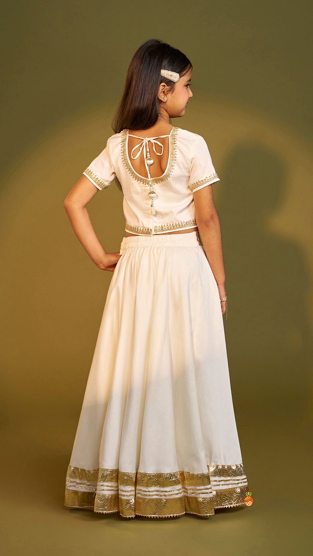 Pre Order: Off White Gota Lace Detailed Top And Lehenga With Dupatta