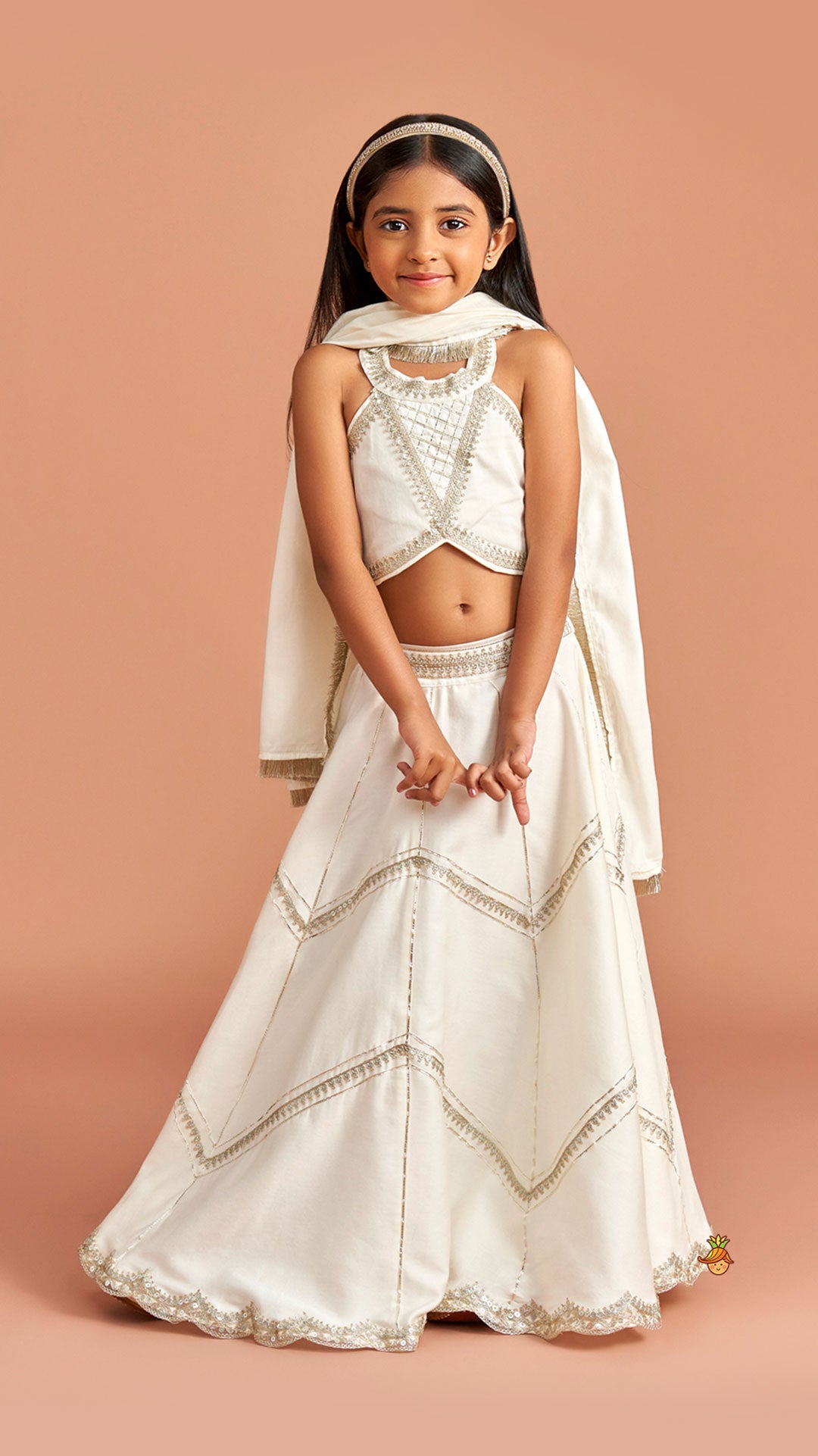 Pre Order: Off White Halter Neck Embellished Top And Lehenga With Dupatta