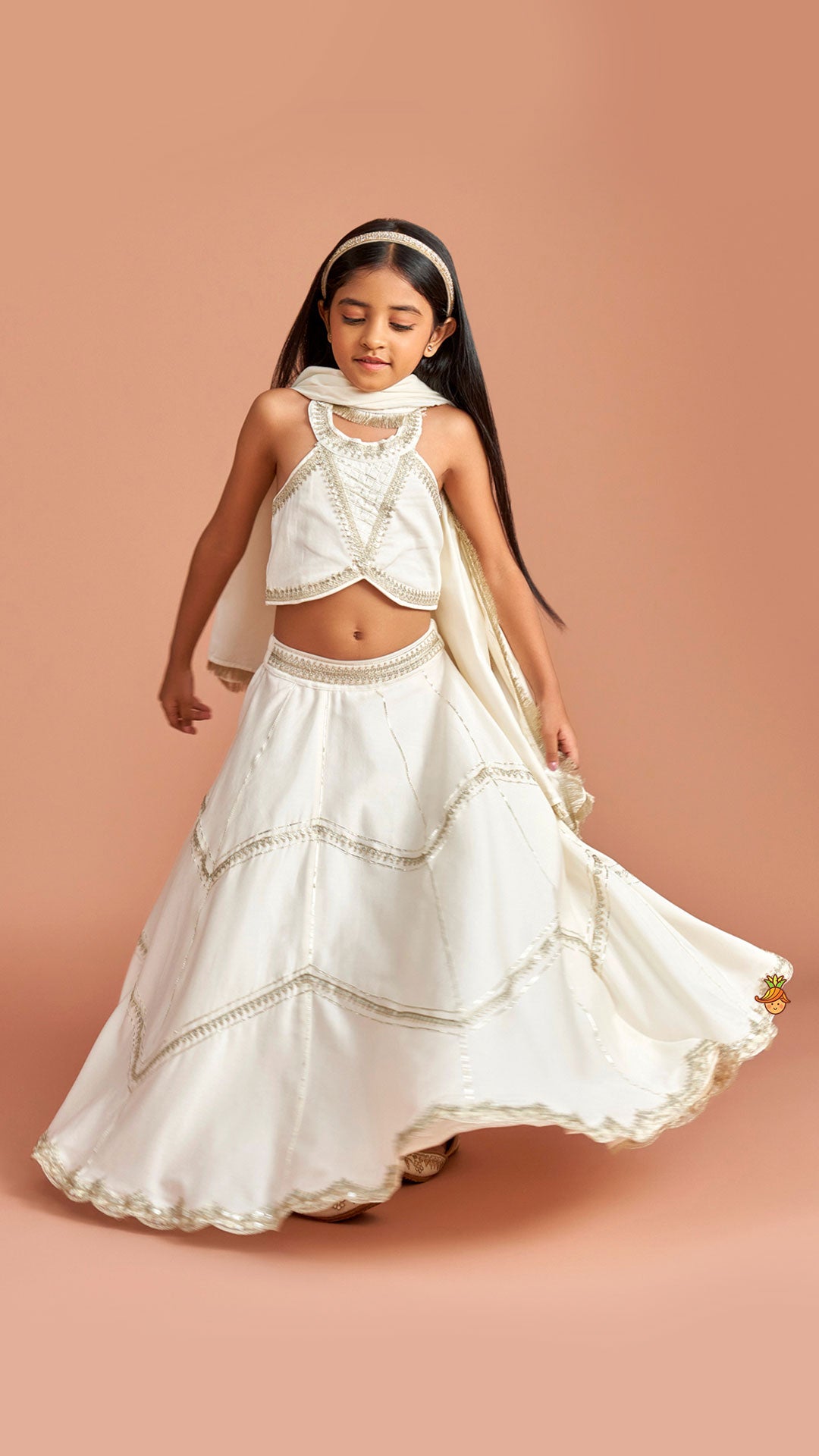 Pre Order: Off White Halter Neck Embellished Top And Lehenga With Dupatta