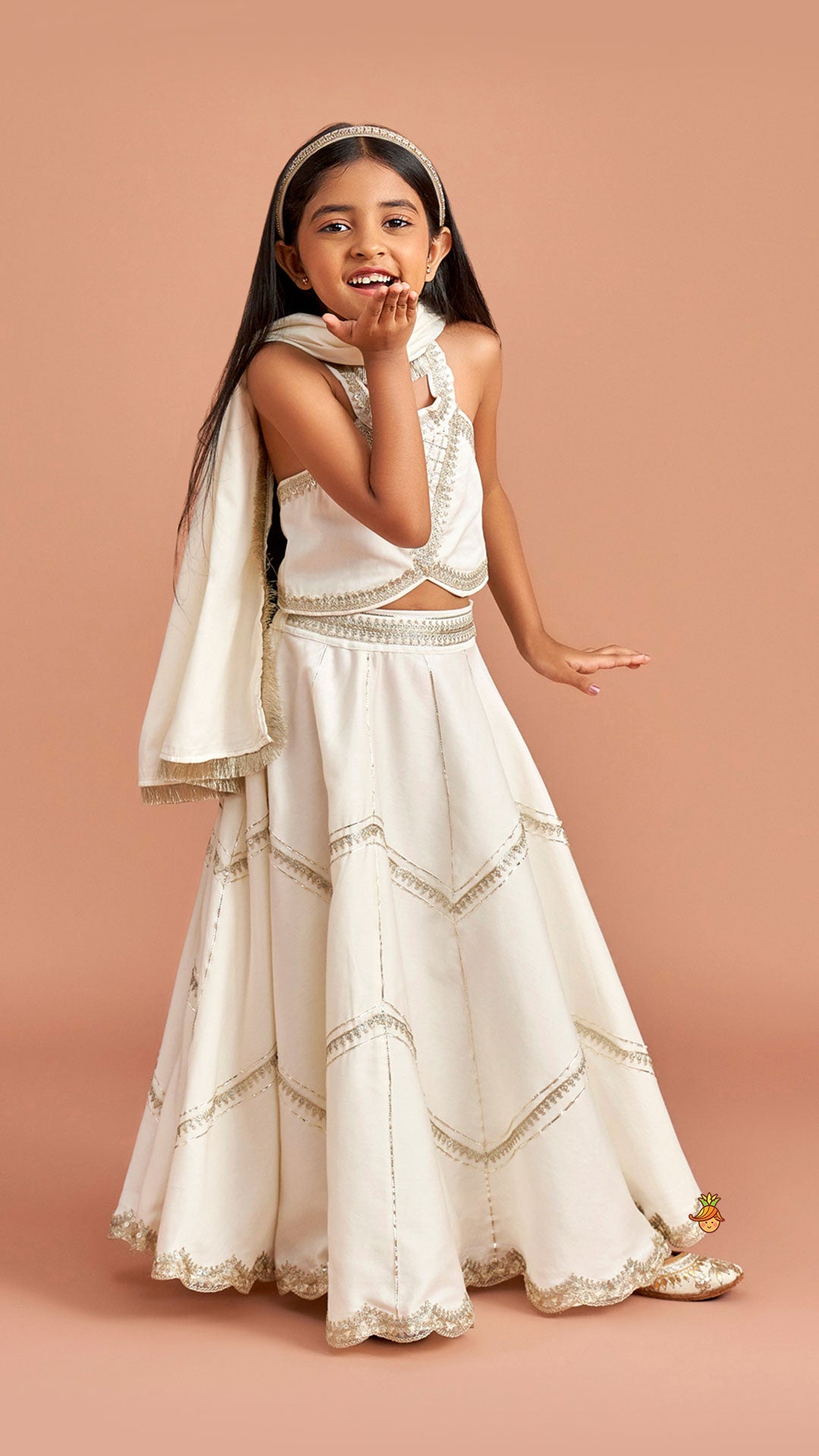 Pre Order: Off White Halter Neck Embellished Top And Lehenga With Dupatta