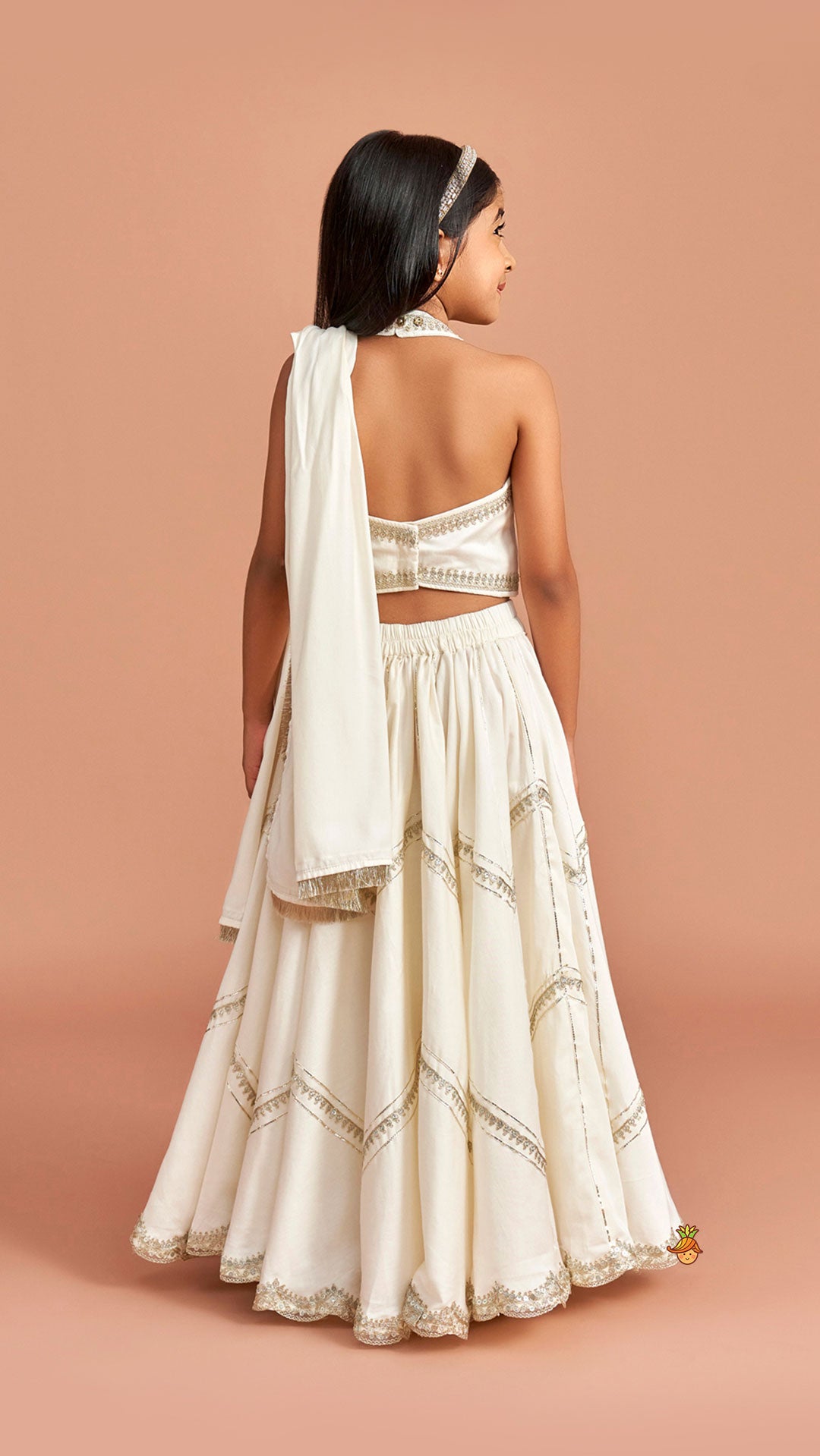 Pre Order: Off White Halter Neck Embellished Top And Lehenga With Dupatta