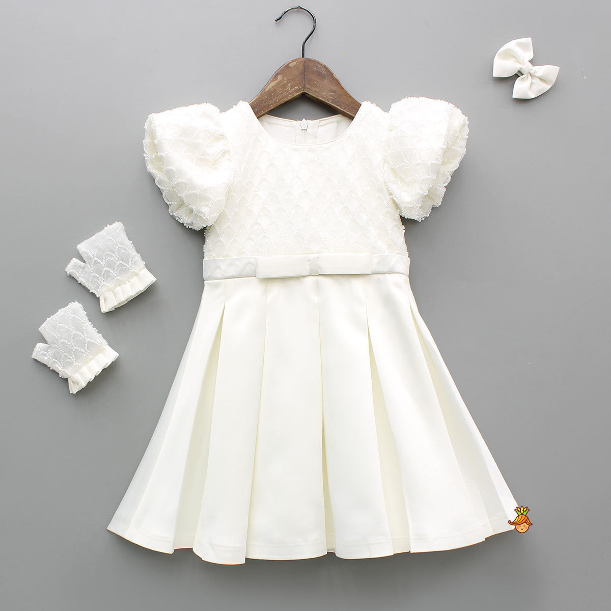 Pre Order: Beaded Puff Sleeve Sequin Dress With Matching Bow Hair Clip And Gloves