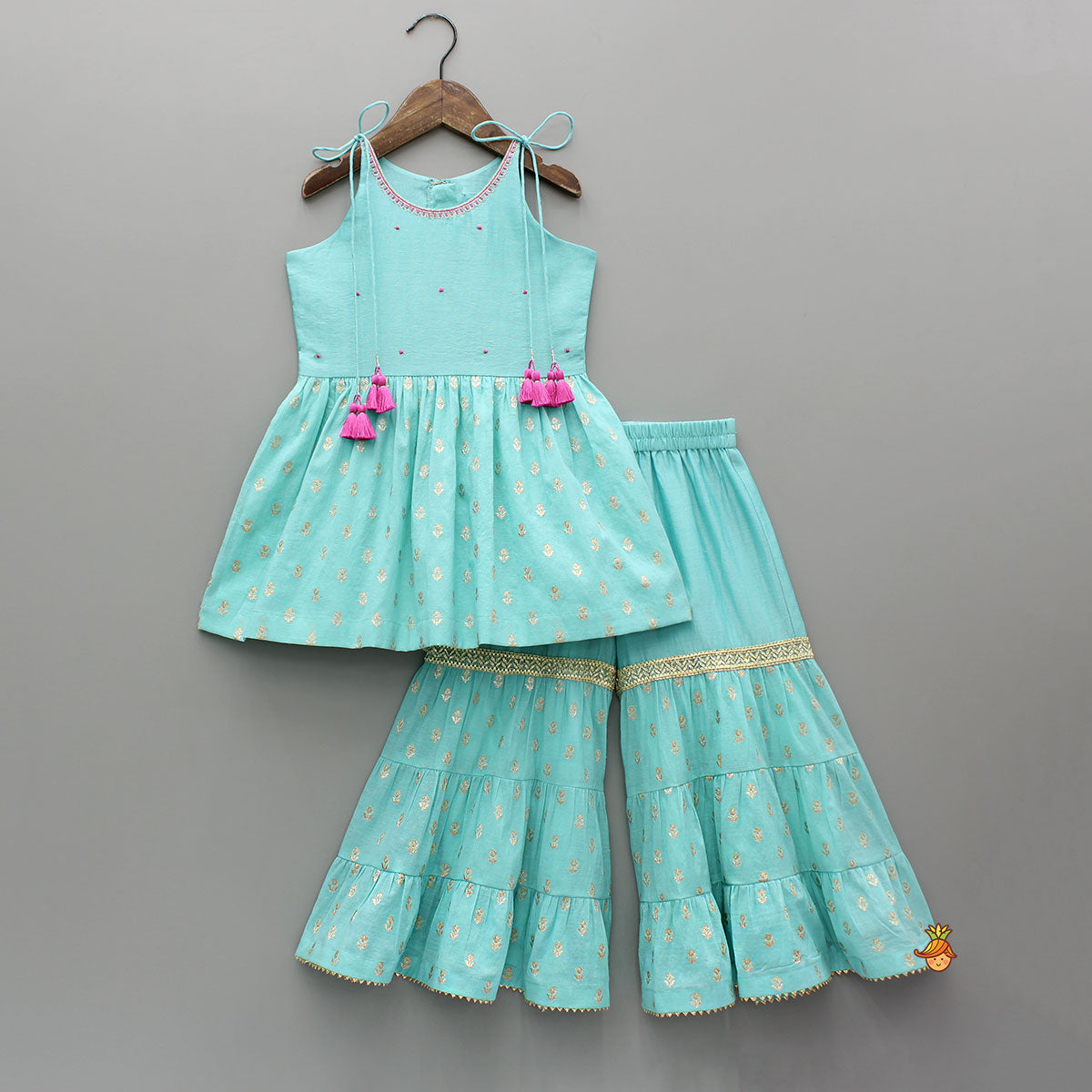 Pre Order: Blue Embroidered Strappy Kurti And Tiered Sharara With Dupatta