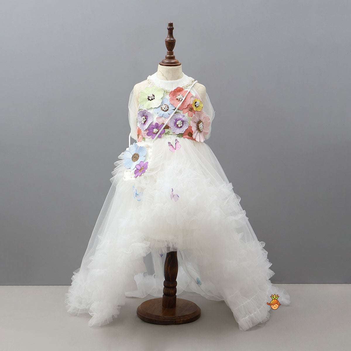 Off White Halter Neck Embellished Trail Dress With Sling Bag