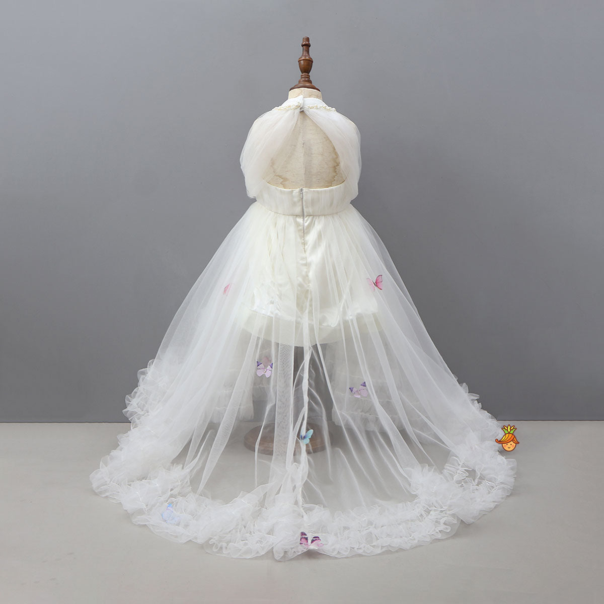 Off White Halter Neck Embellished Trail Dress With Sling Bag