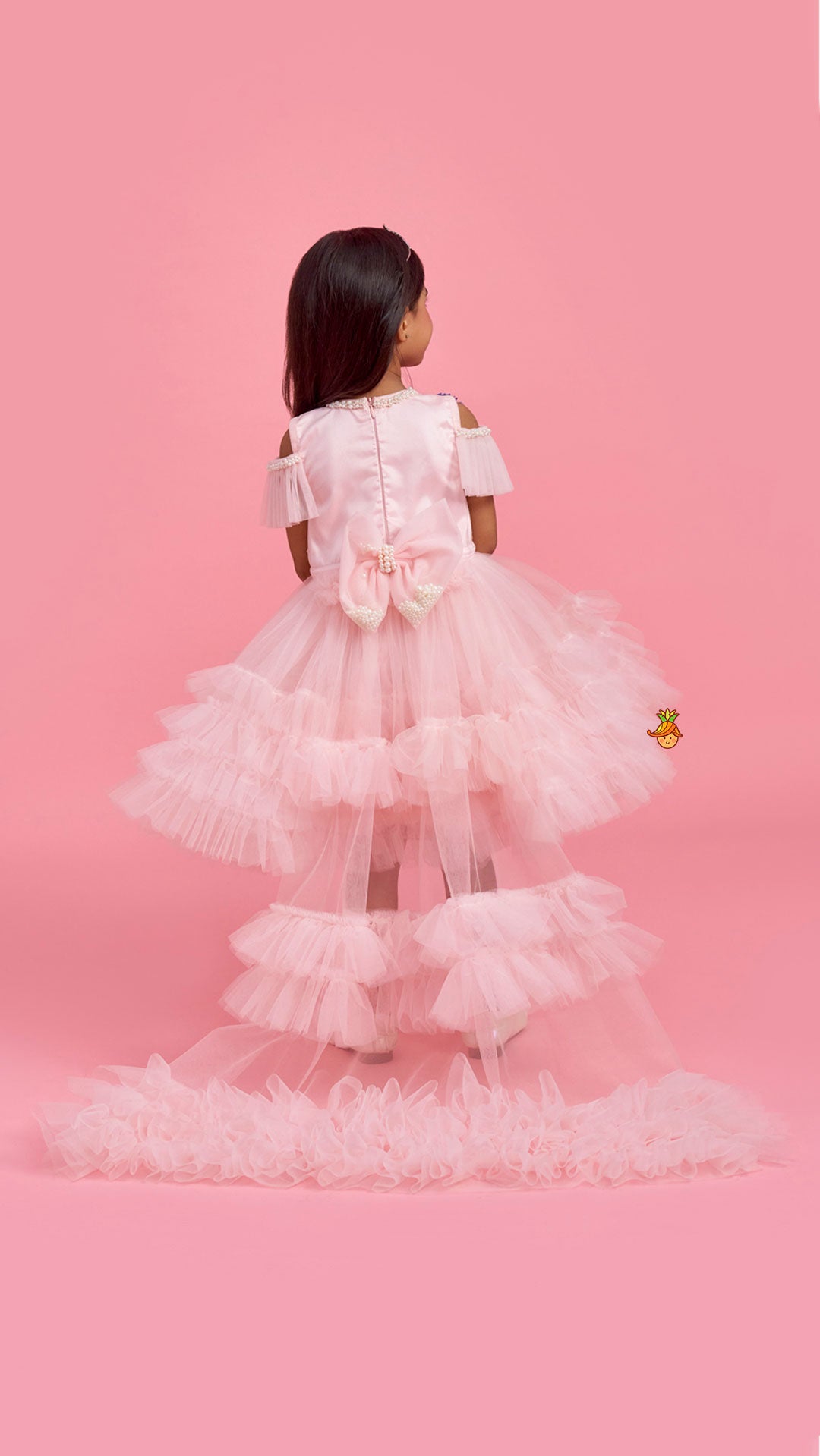 Pre Order: Peach Embellished Detachable Trail Dress And Bow With Sling Bag