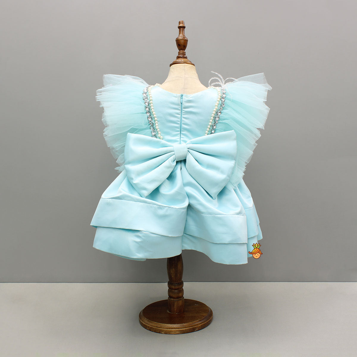 Pre Order: Blue Embellished Frilly Layered Dress With Detachable Bow And Swirled Bow Headband