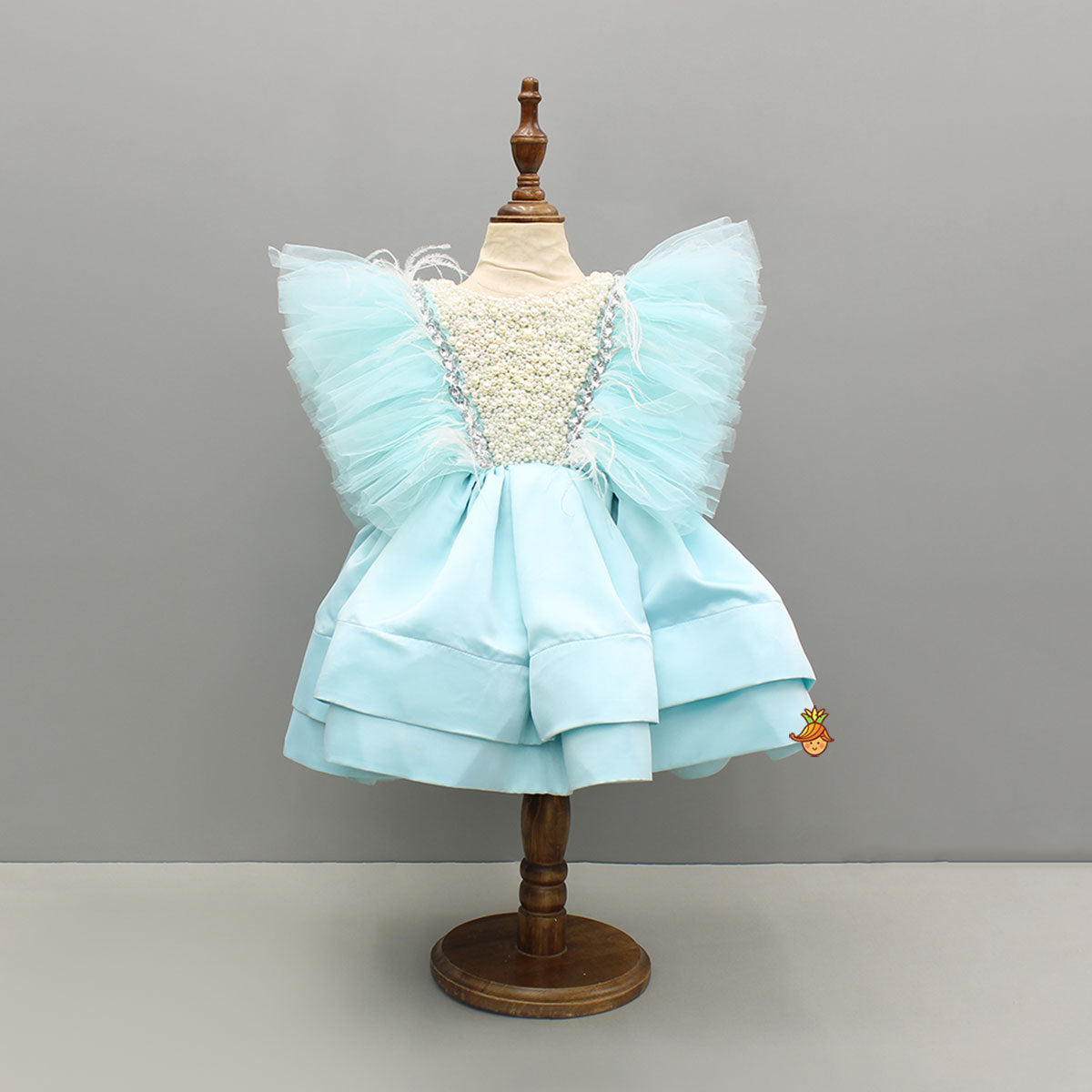 Pre Order: Blue Embellished Frilly Layered Dress With Detachable Bow And Swirled Bow Headband
