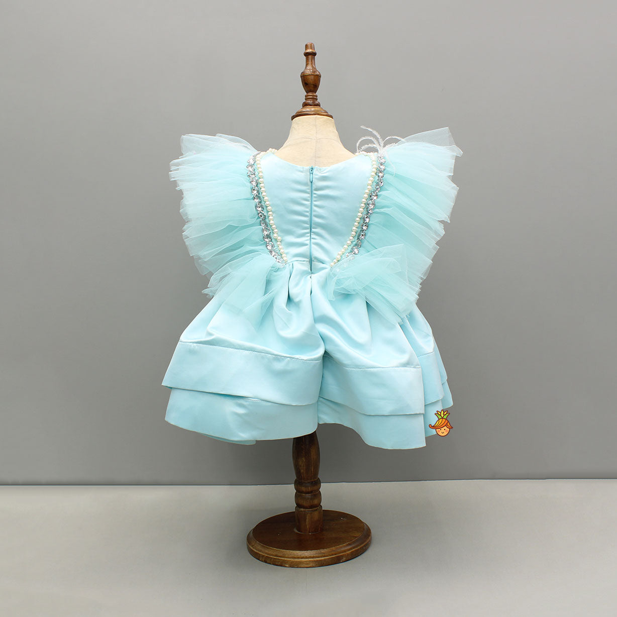 Pre Order: Blue Embellished Frilly Layered Dress With Detachable Bow And Swirled Bow Headband