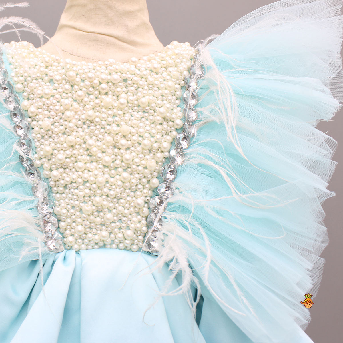 Pre Order: Blue Embellished Frilly Layered Dress With Detachable Bow And Swirled Bow Headband