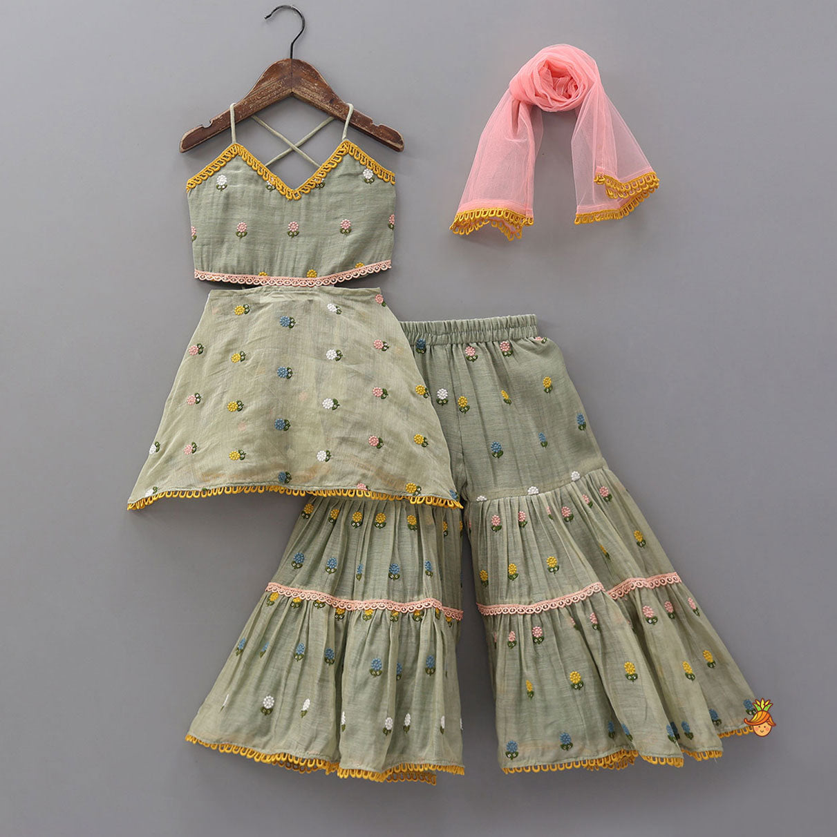 Pre Order: Floral Embroidered Stylish Backless Kurti With Sharara And Dupatta