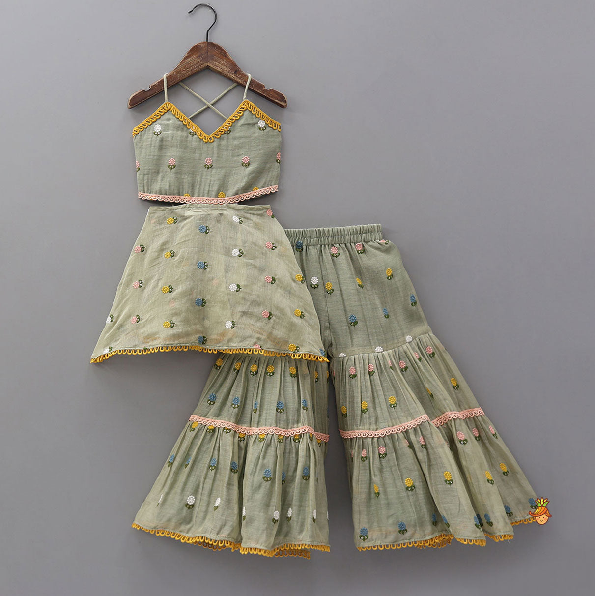 Pre Order: Floral Embroidered Stylish Backless Kurti With Sharara And Dupatta