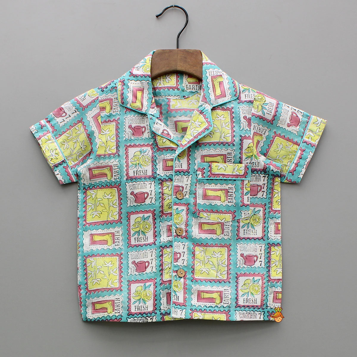Pre Order: Hand Block Printed Multicolour Notch Collar Top And Pyjama