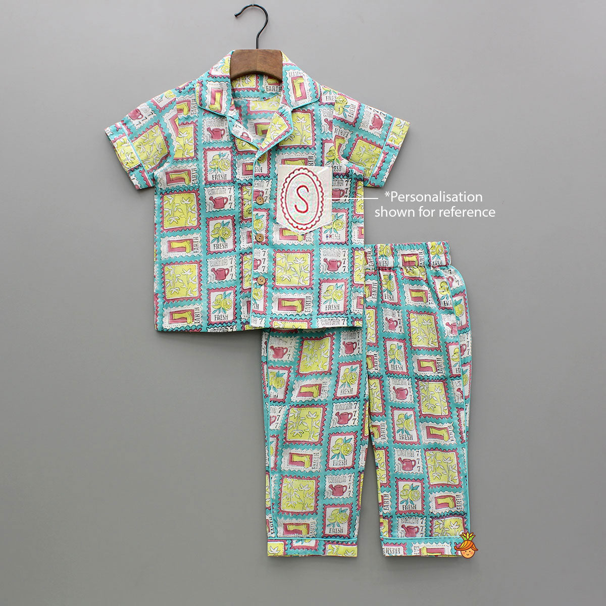 Pre Order: Hand Block Printed Multicolour Notch Collar Top And Pyjama