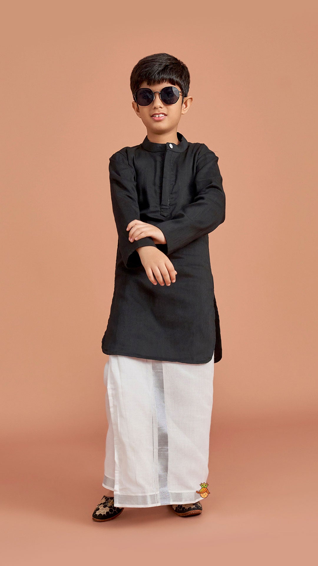 Pre Order: Exquisite Black Kurta And Velcro Wrap Lungi