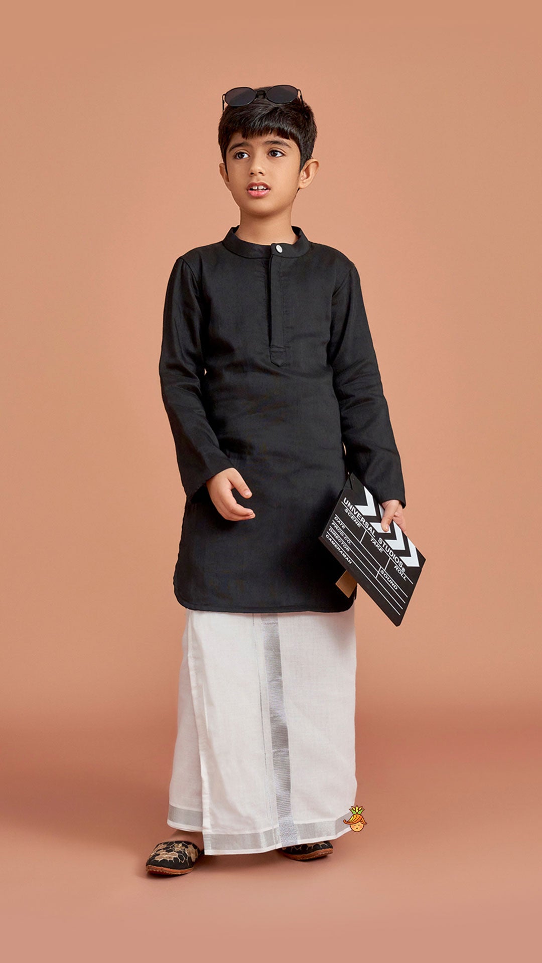 Pre Order: Exquisite Black Kurta And Velcro Wrap Lungi