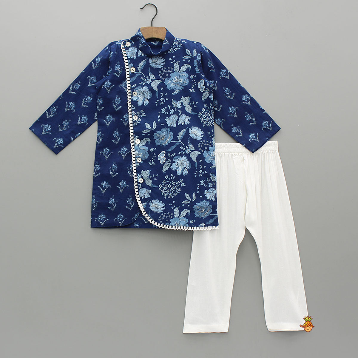 Pre Order: Blue Printed Asymmetric Kurta And Pyjama