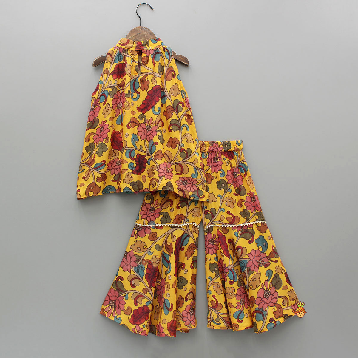 Pre Order: Dangling Strings Tassels Neckline Multicolour Printed Top And Sharara