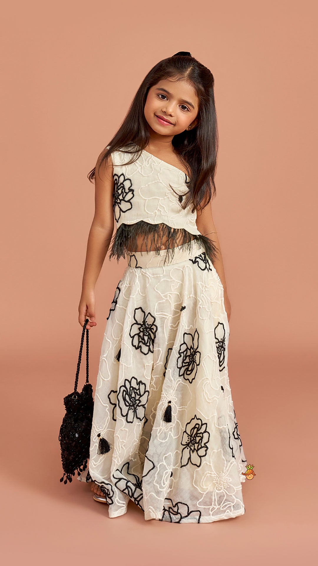Pre Order: Cream One Shoulder Top And Umbrella Style Flared Lehenga