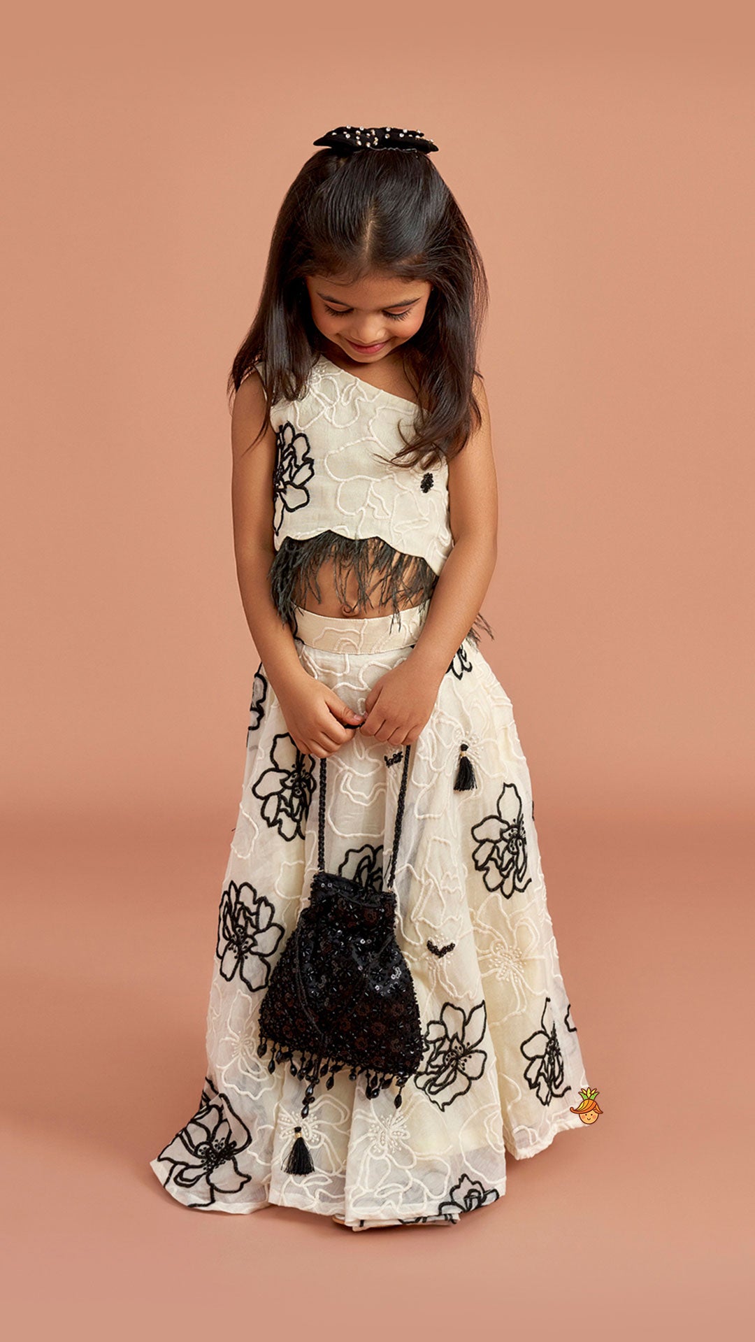 Pre Order: Cream One Shoulder Top And Umbrella Style Flared Lehenga