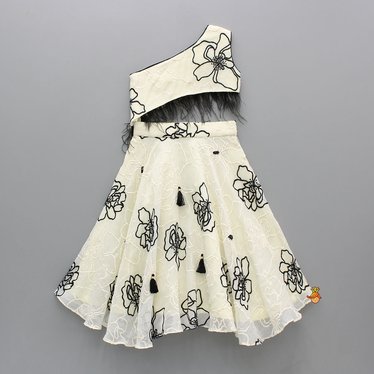 Pre Order: Cream One Shoulder Top And Umbrella Style Flared Lehenga