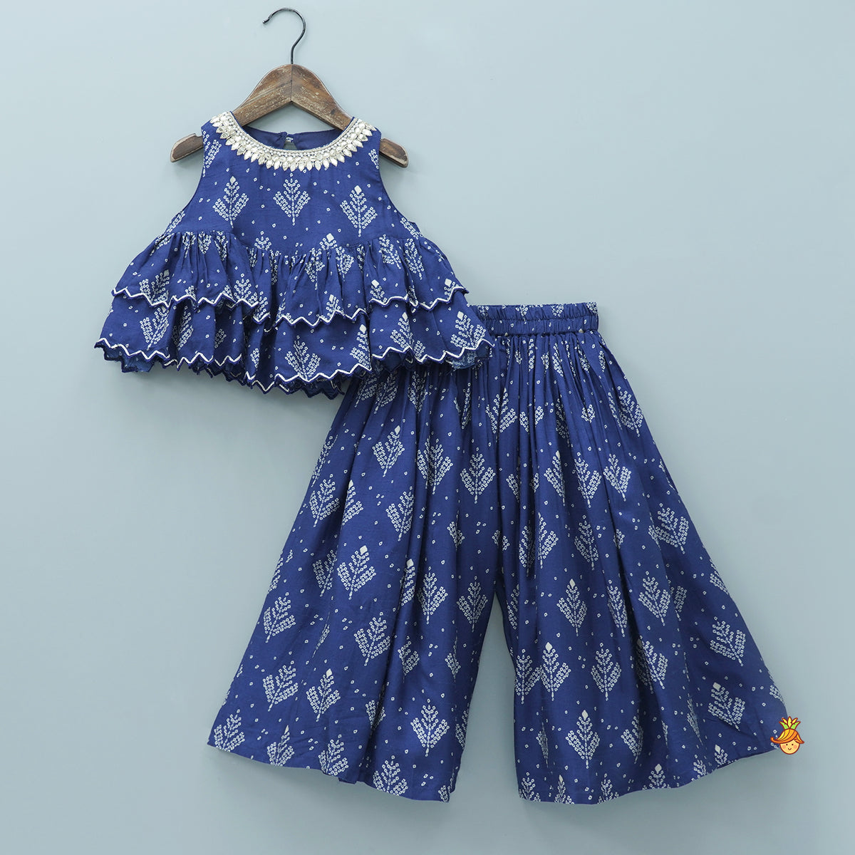 Pre Order: Blue Printed Embroidered Layered Top And Flared Palazzo