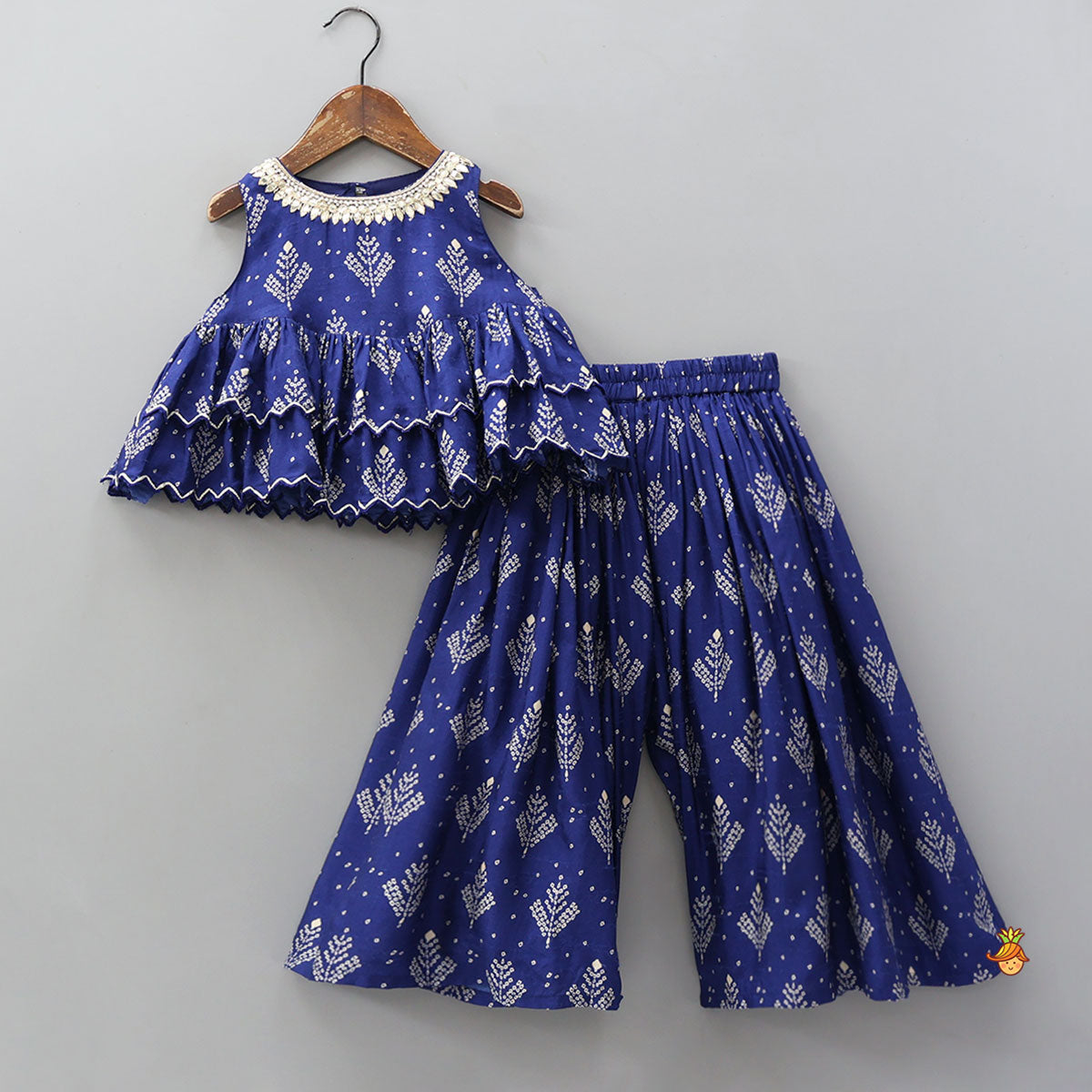 Pre Order: Blue Printed Embroidered Layered Top And Flared Palazzo