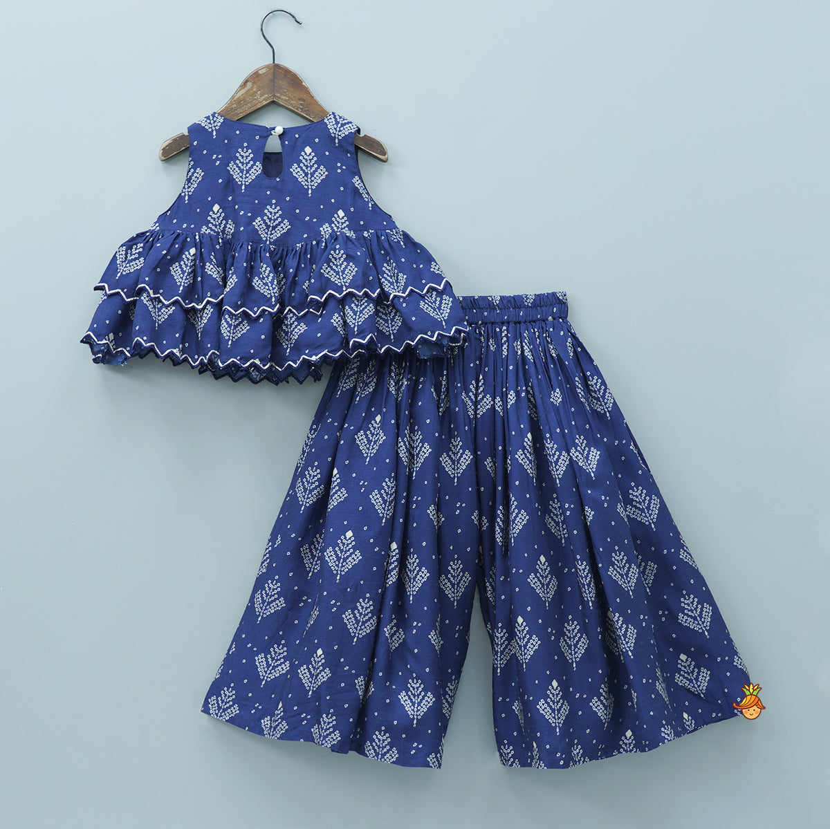 Pre Order: Blue Printed Embroidered Layered Top And Flared Palazzo