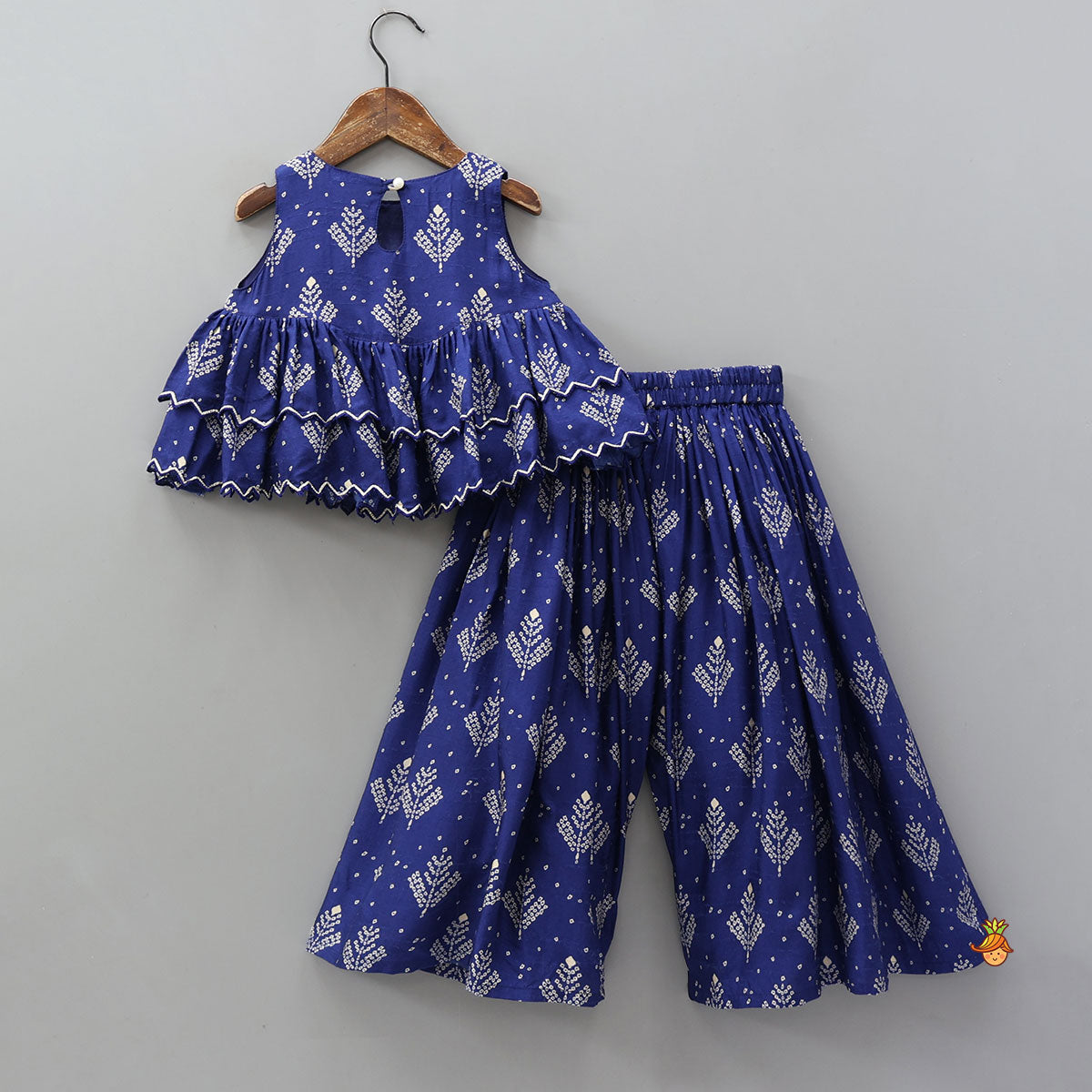 Pre Order: Blue Printed Embroidered Layered Top And Flared Palazzo