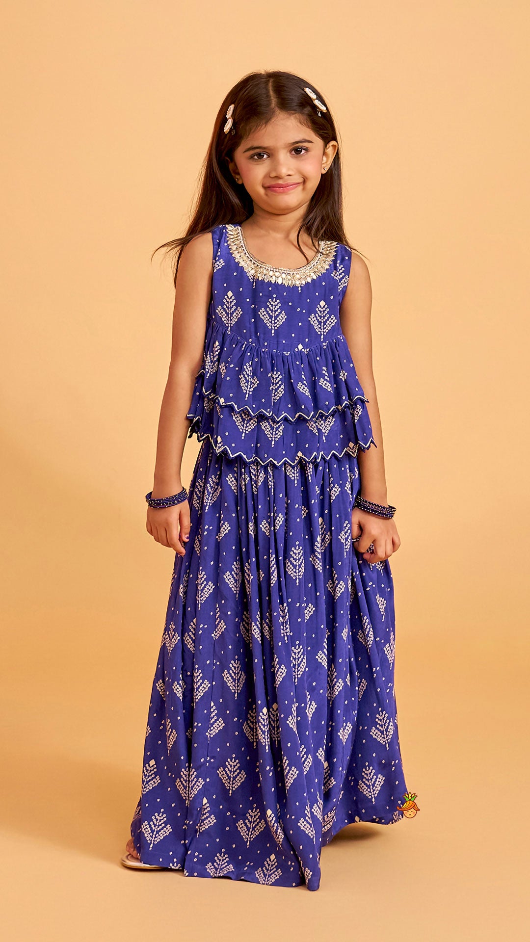 Pre Order: Blue Printed Embroidered Layered Top And Flared Palazzo