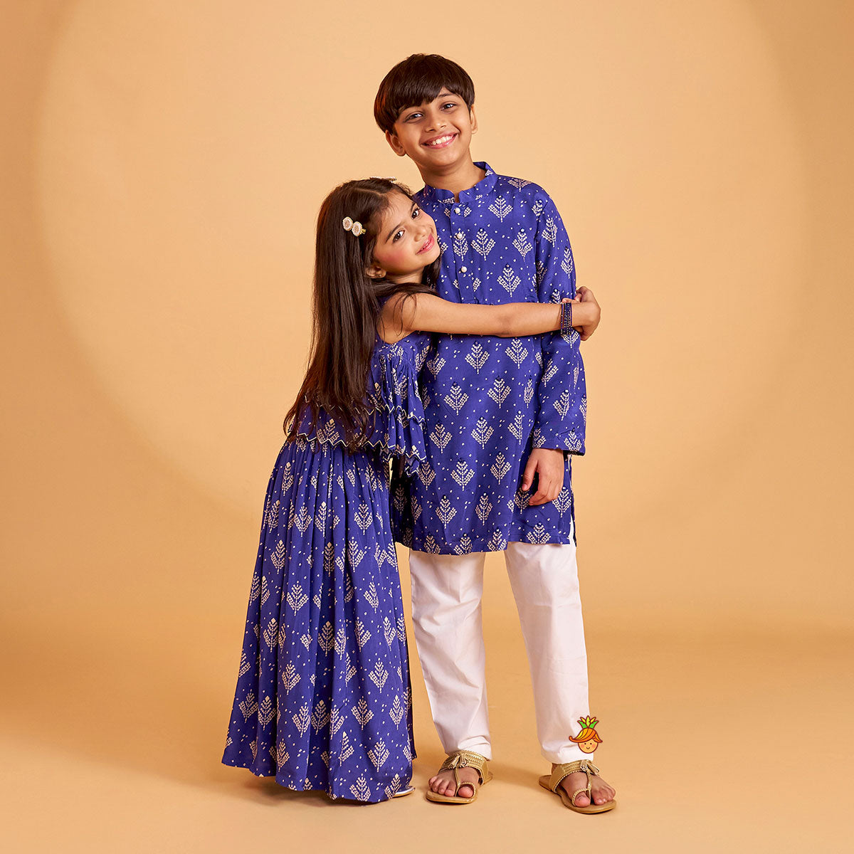 Blue Printed Embroidered Layered Top And Flared Palazzo twinning model image 2