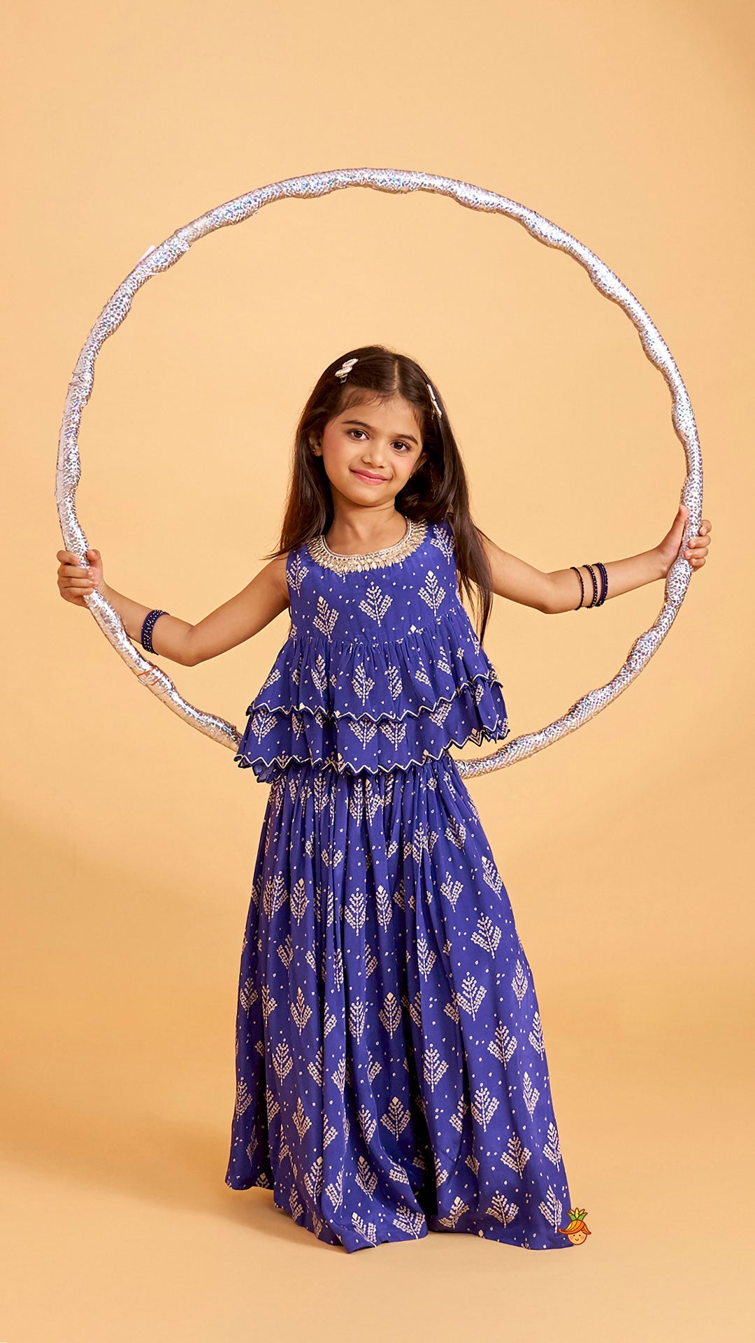 Pre Order: Blue Printed Embroidered Layered Top And Flared Palazzo