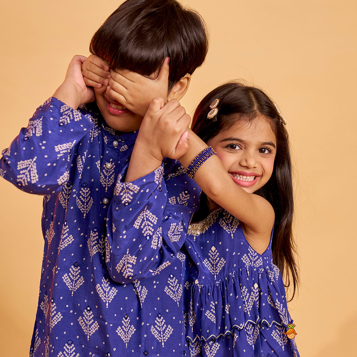 Blue Printed Embroidered Layered Top And Flared Palazzo twinning model image 4