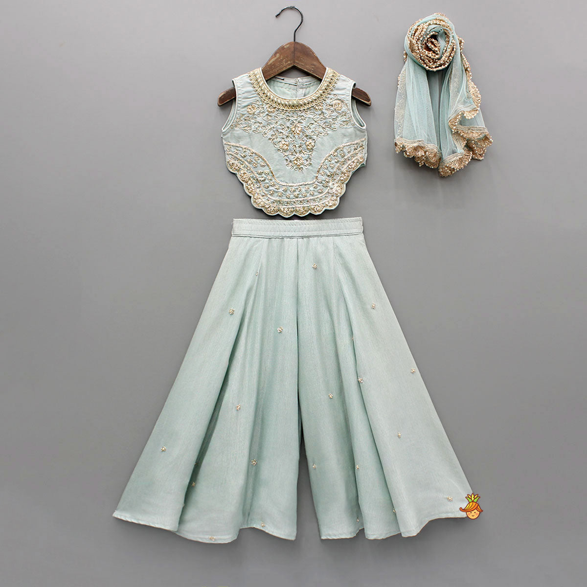 Pre Order: Embroidered Scalloped Detail Top And Flared Palazzo With Dupatta