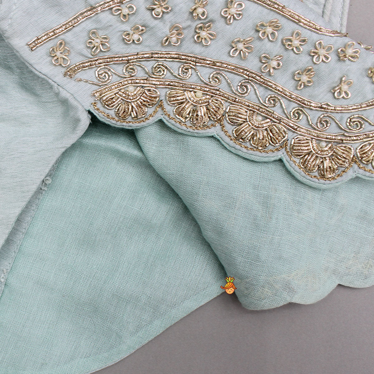 Pre Order: Embroidered Scalloped Detail Top And Flared Palazzo With Dupatta