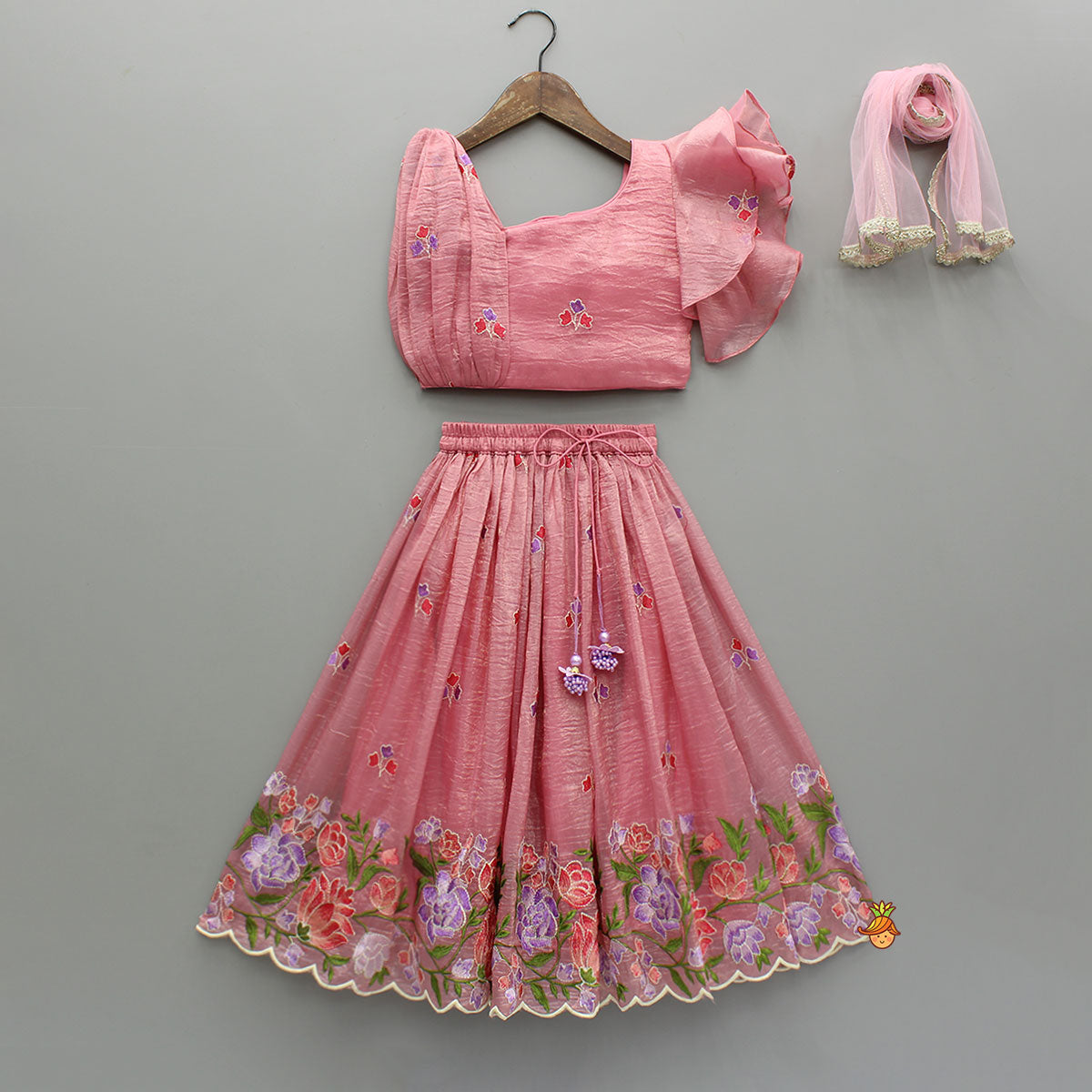 Pink One-Shoulder Pleated Drape Top With Floral Embroidered Lehenga And Net Dupatta