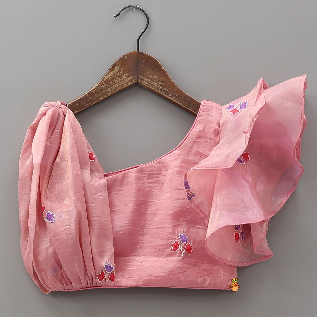 Pink One-Shoulder Pleated Drape Top With Floral Embroidered Lehenga And Net Dupatta