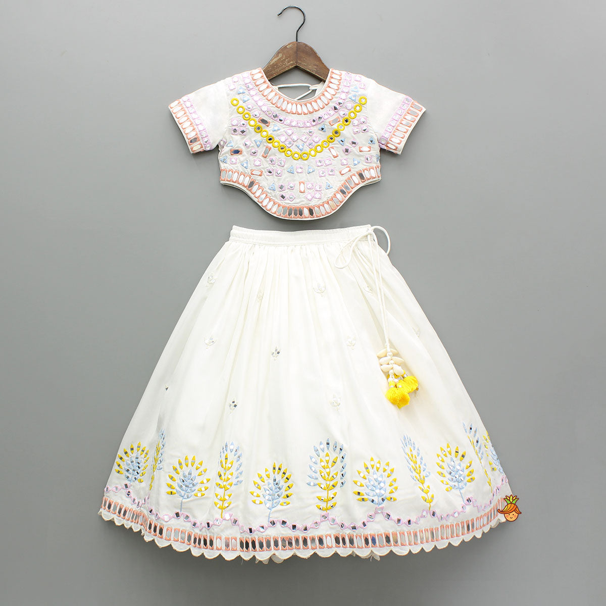 Pre Order: Faux Mirror Embellished Off White Top And Flared Lehenga