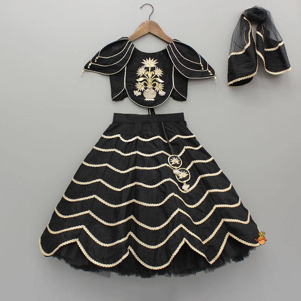 Pre Order: Black Embroidered Top And Lehenga With Dupatta