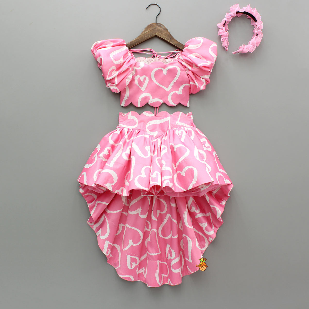 Pre Order: Pink Printed Smocked Top And High Low Skirt With Hairband