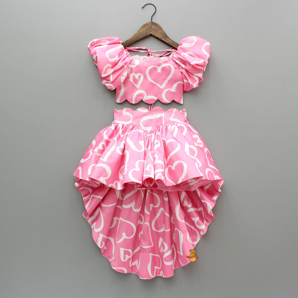 Pre Order: Pink Printed Smocked Top And High Low Skirt With Hairband