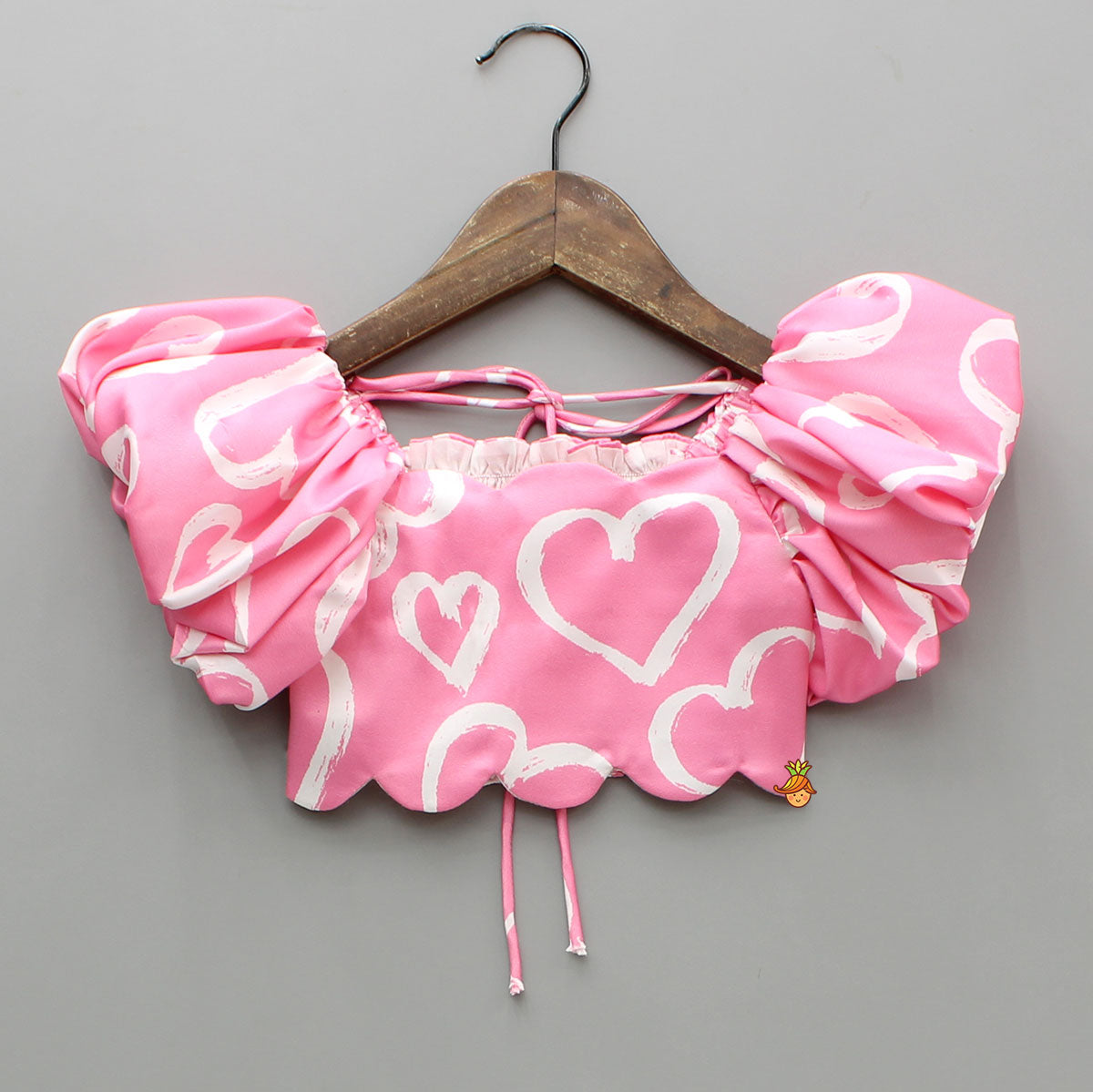 Pre Order: Pink Printed Smocked Top And High Low Skirt With Hairband
