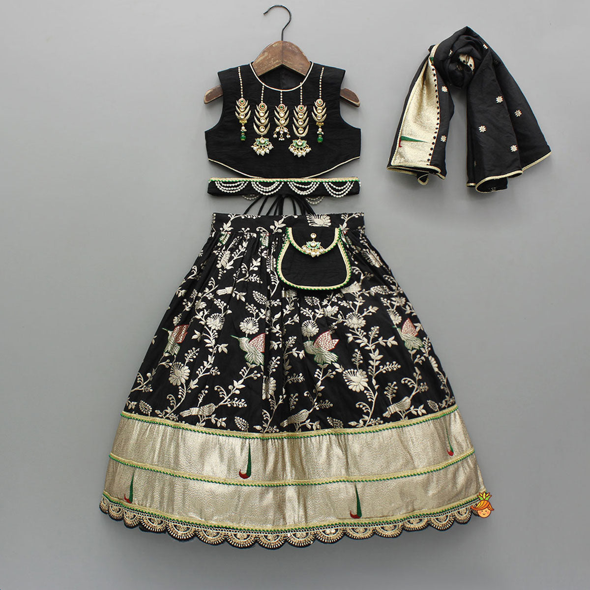 Pre Order: Classy Black Embellished Top And Flared Lehenga With Dupatta And Attached Pouch