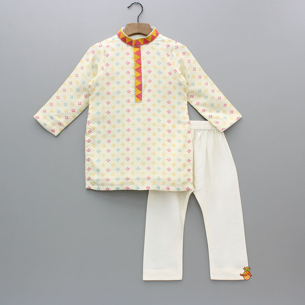 Pre Order: Cream Multicolour Printed And Embroidered Kurta With Pyjama